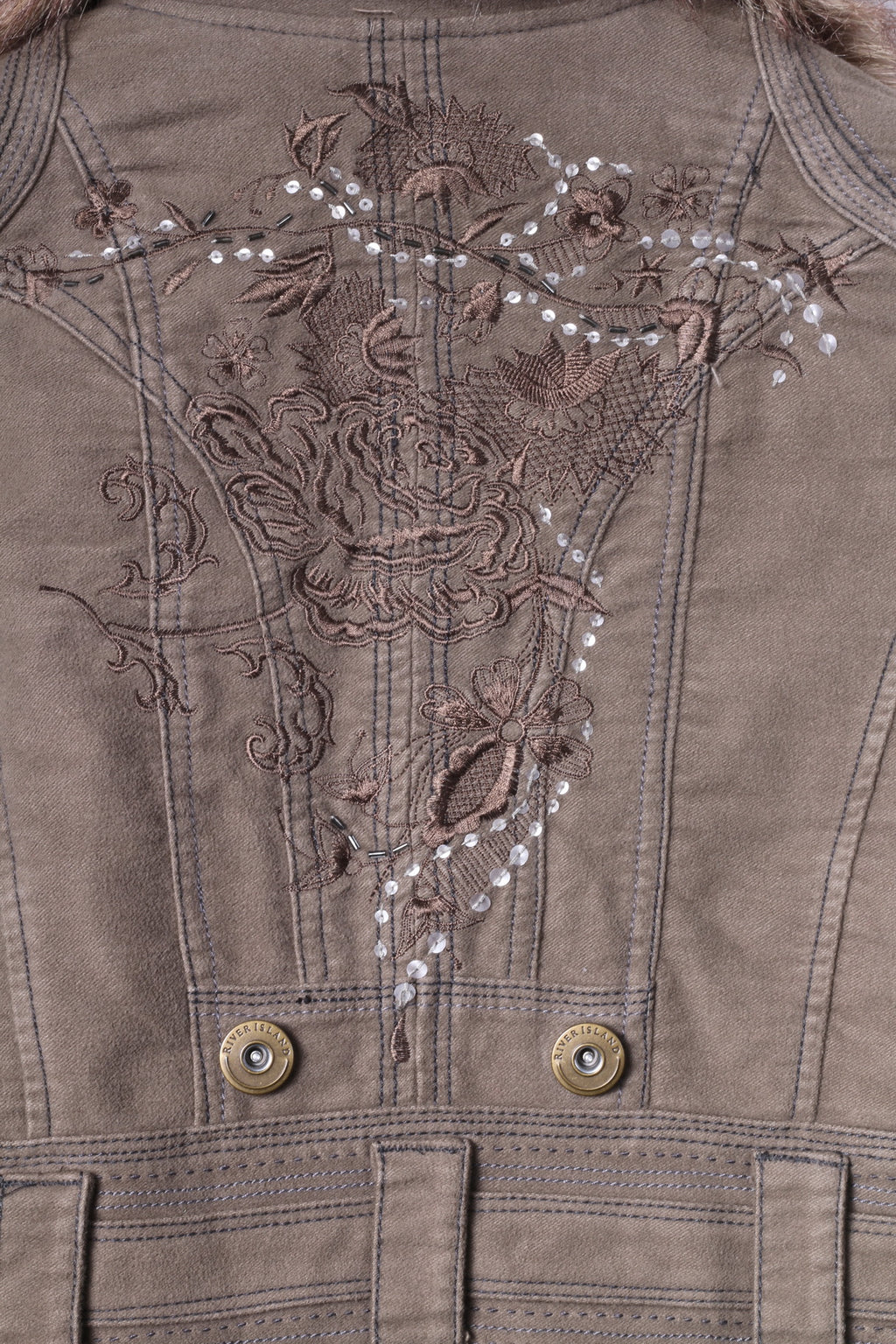 River Island Womens 34 8 S Jacket Brown Cotton Long Emroidered Fur Collar Coat