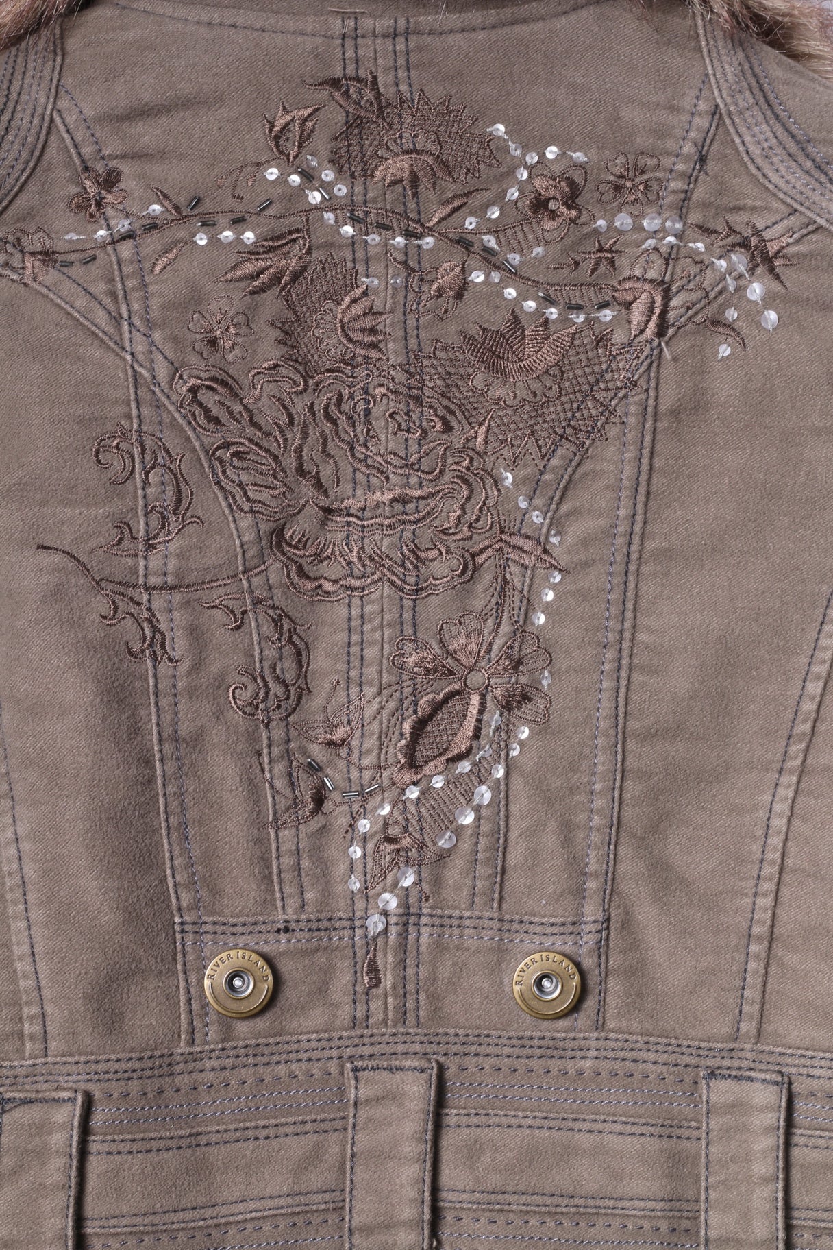 River Island Womens 34 8 S Jacket Brown Cotton Long Emroidered Fur Collar Coat