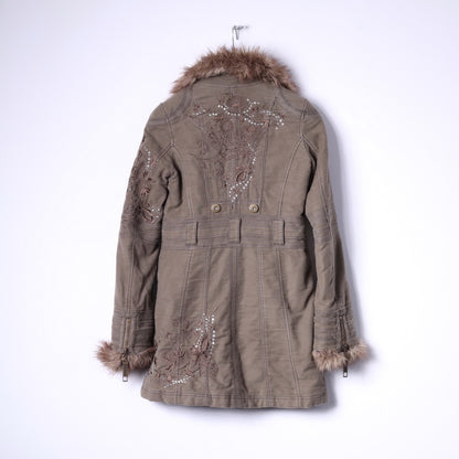 River Island Womens 34 8 S Jacket Brown Cotton Long Emroidered Fur Collar Coat