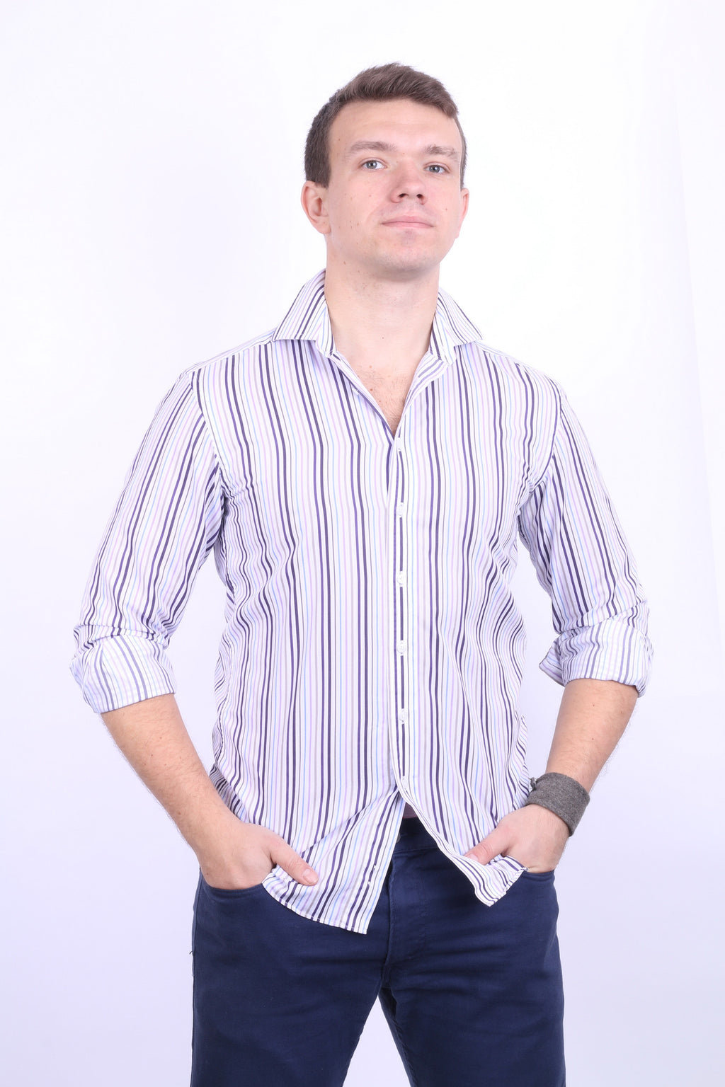 Daniel Hechter Mens 15 S Casual Shirt Cotton White Striped - RetrospectClothes