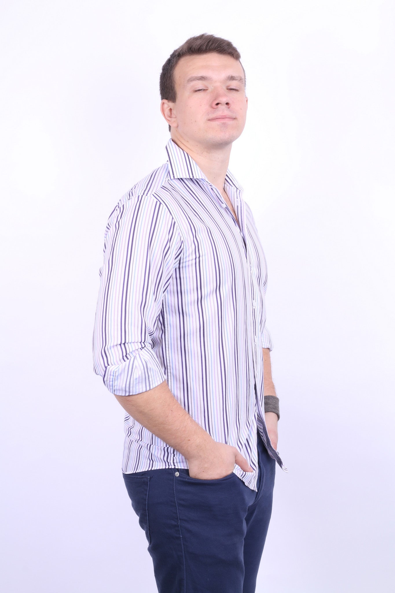 Daniel Hechter Mens 15 S Casual Shirt Cotton White Striped - RetrospectClothes