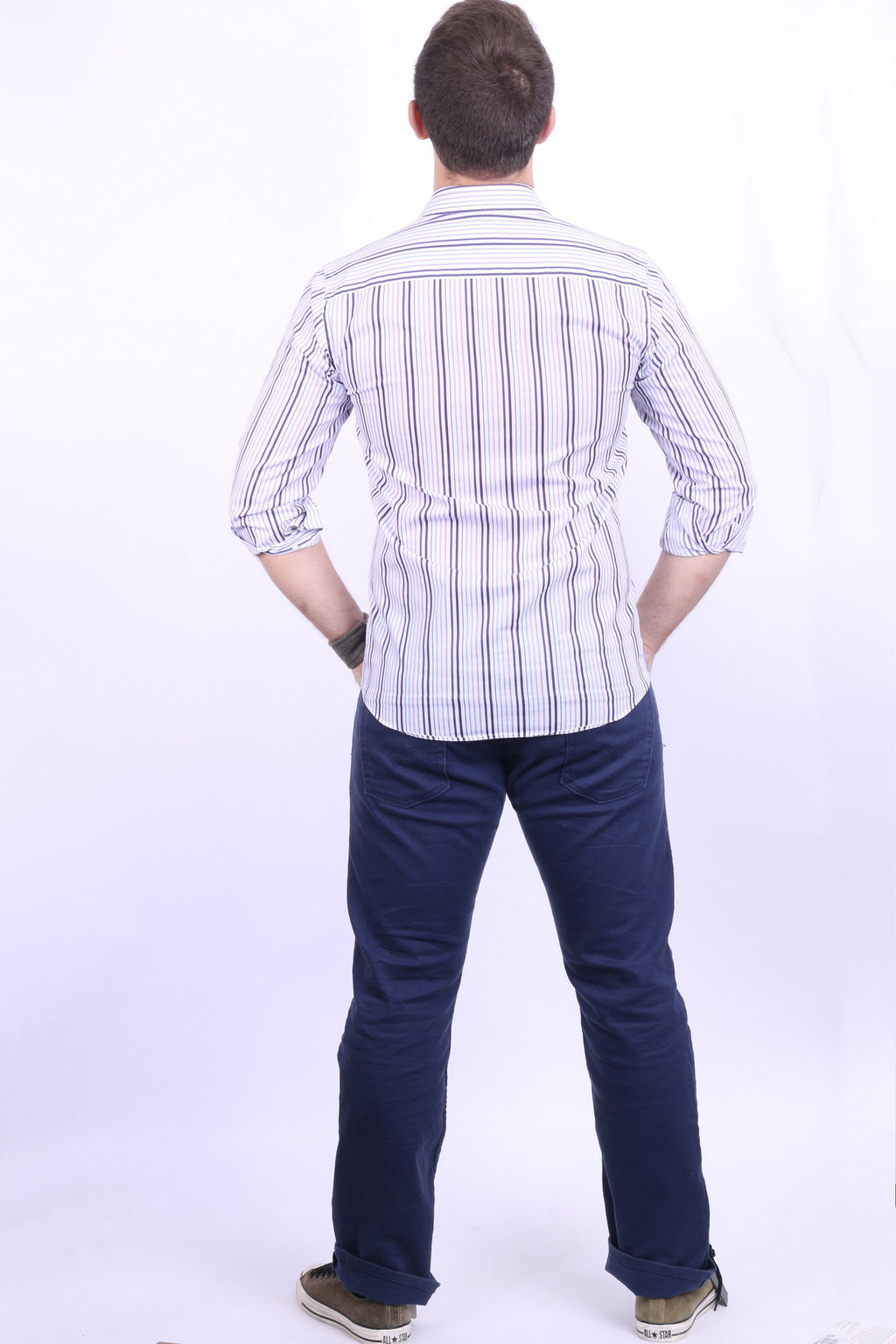 Daniel Hechter Mens 15 S Casual Shirt Cotton White Striped - RetrospectClothes