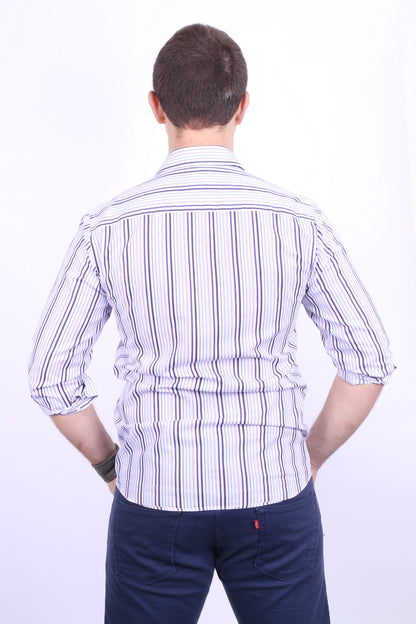 Daniel Hechter Mens 15 S Casual Shirt Cotton White Striped - RetrospectClothes