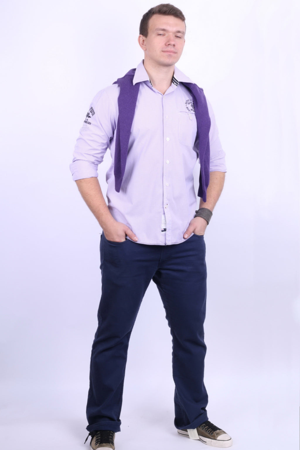 New Zealand Auckland Mens L Casual Shirt Check Purple Cotton - RetrospectClothes