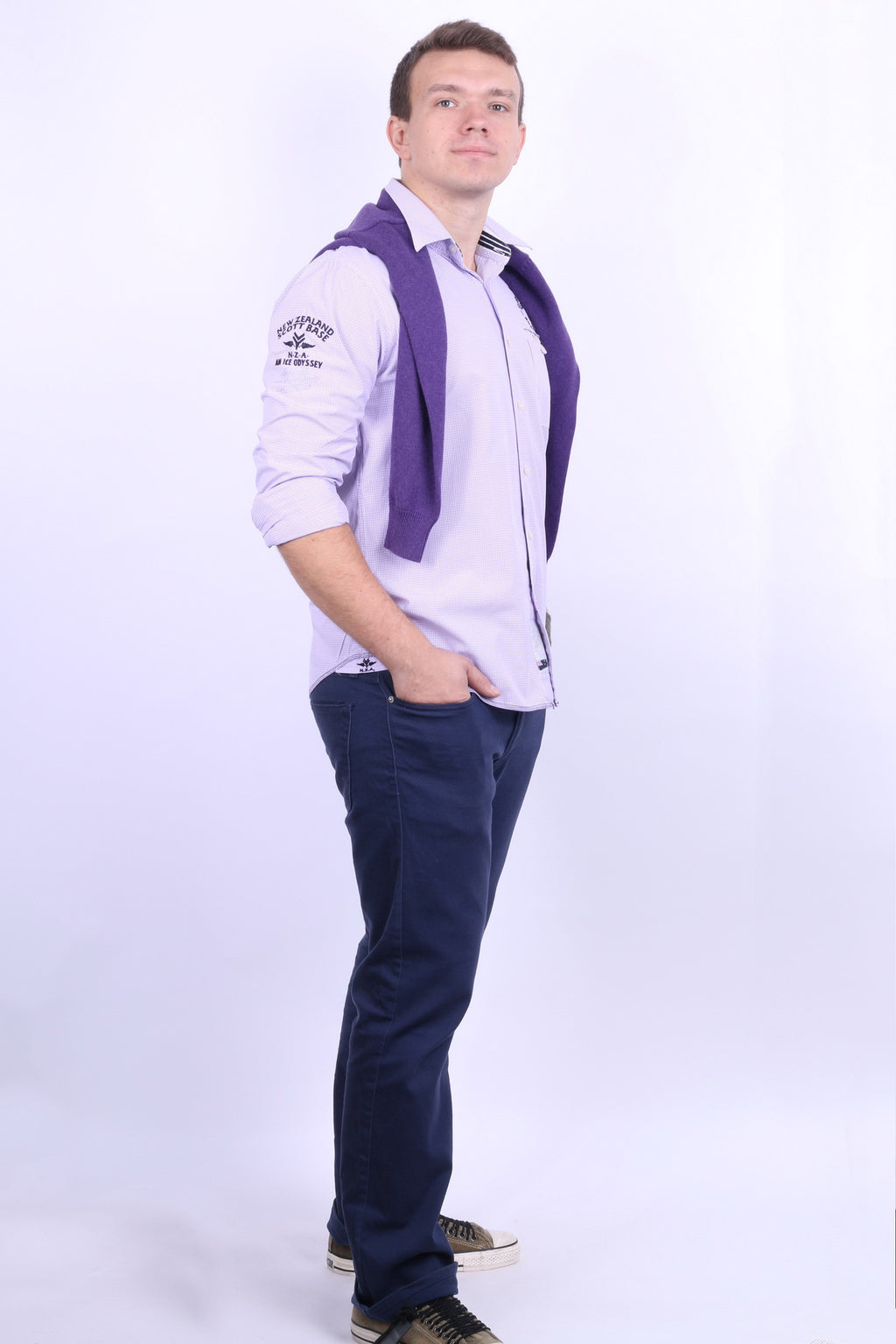 New Zealand Auckland Mens L Casual Shirt Check Purple Cotton - RetrospectClothes