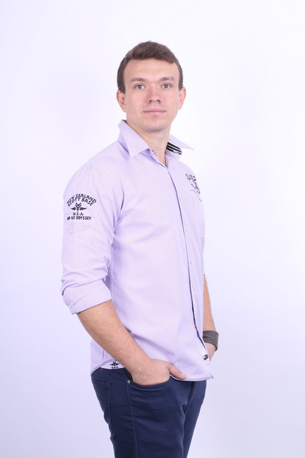 New Zealand Auckland Mens L Casual Shirt Check Purple Cotton - RetrospectClothes