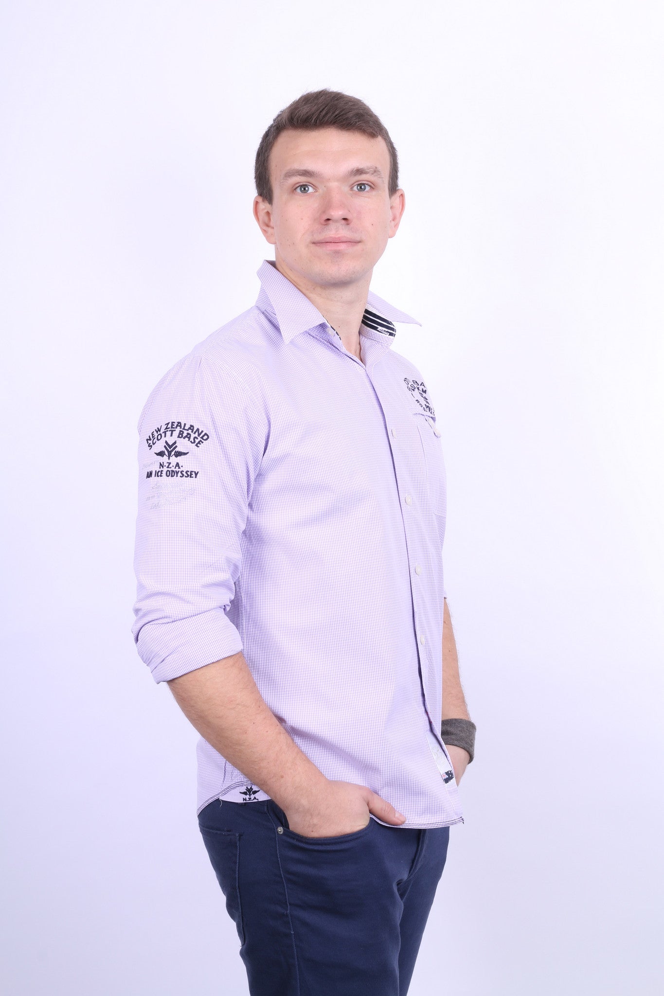 New Zealand Auckland Mens L Casual Shirt Check Purple Cotton - RetrospectClothes