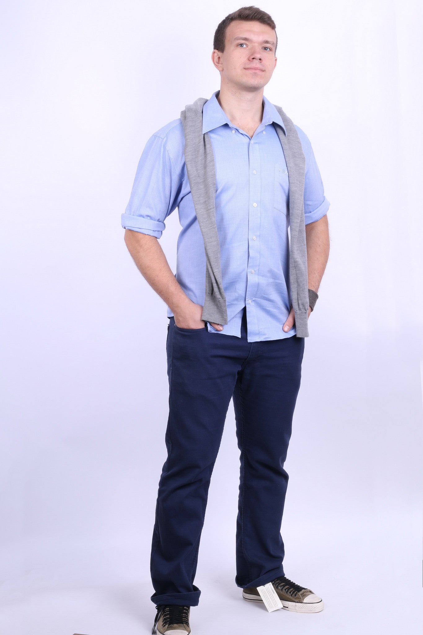 New Fila Mens 2XL Casual Shirt Long Sleeve Blue Checkered Cotton - RetrospectClothes