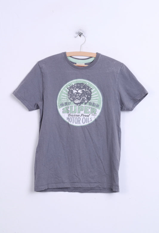 Superdry Mens S T-Shirt Motor Oils Collar Cotton Japan Style Grey - RetrospectClothes