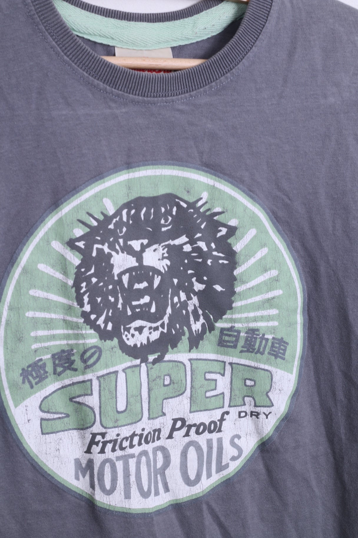 Superdry Mens S T-Shirt Motor Oils Collar Cotton Japan Style Grey - RetrospectClothes