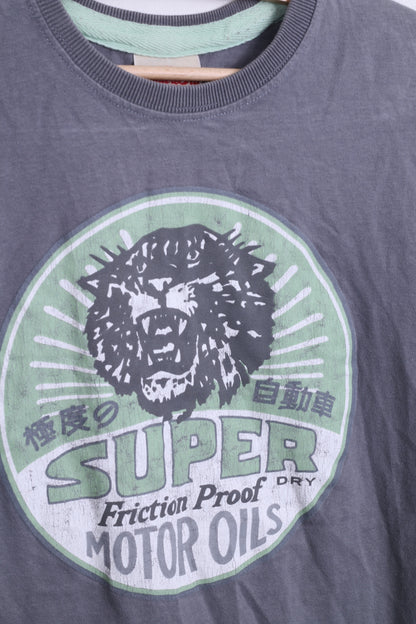 Superdry Mens S T-Shirt Motor Oils Collar Cotton Japan Style Grey - RetrospectClothes