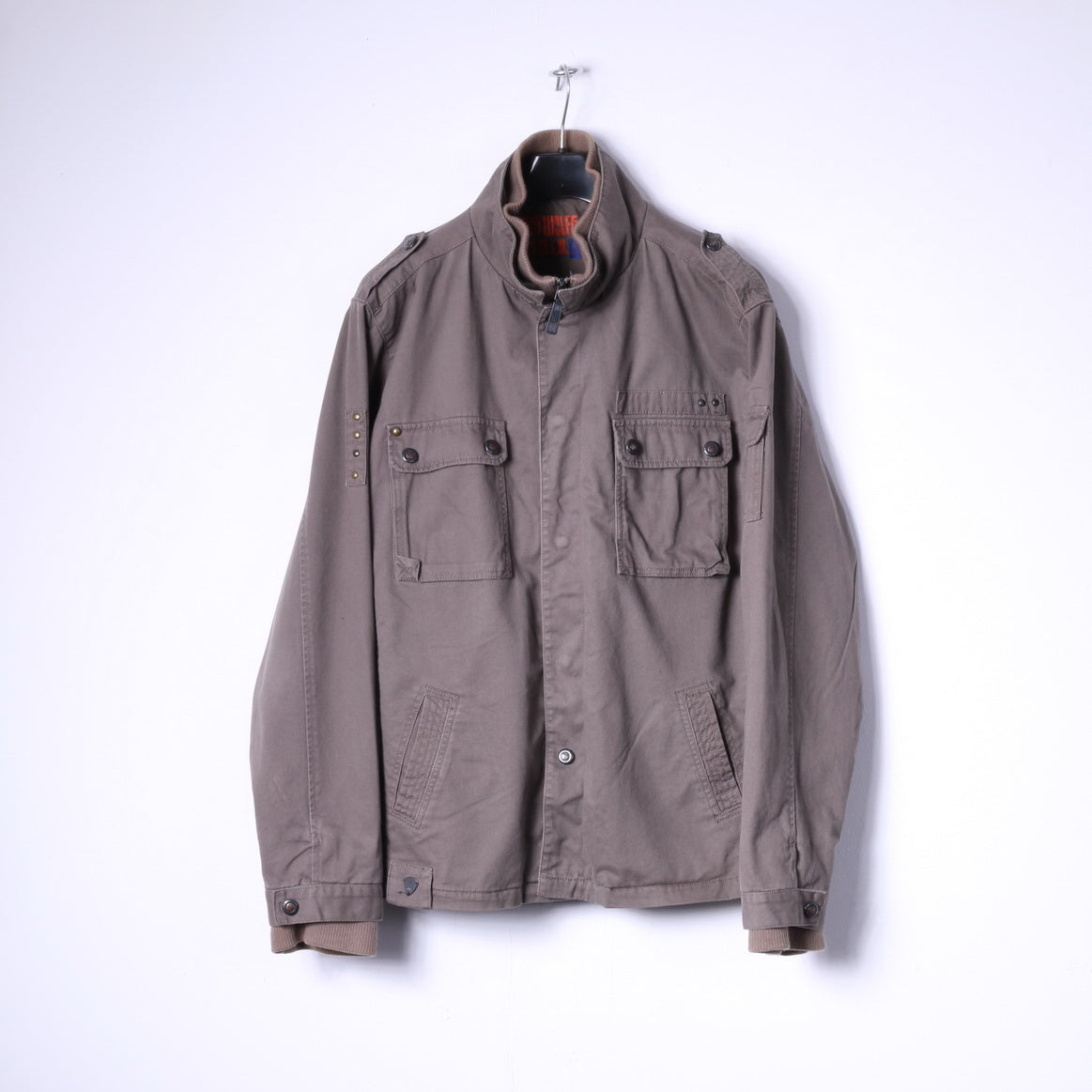 Tom Wolfe Mens XXL Jacket Khaki Cotton Full Zipper Multi Pockets Military Top
