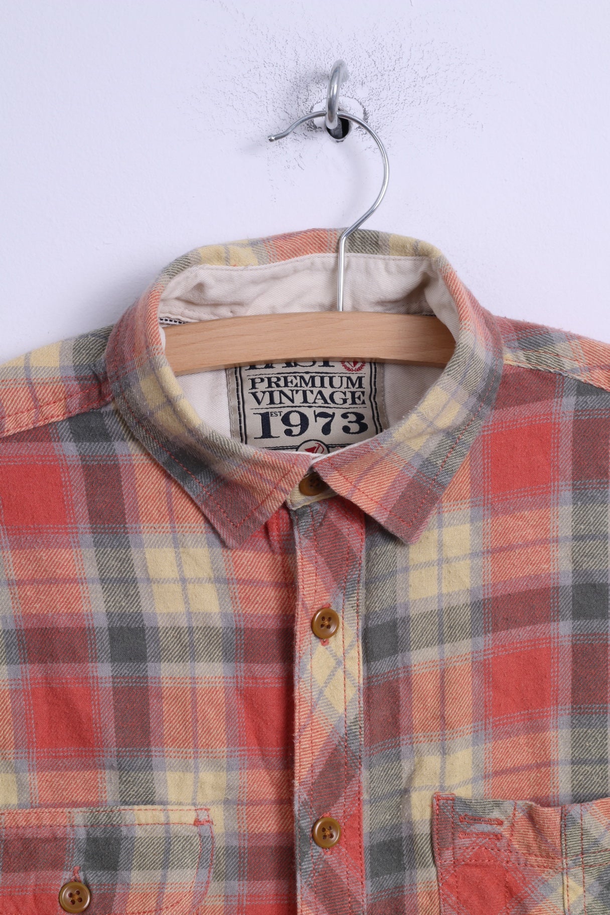 Easy Mens S Casual Shirt Jaune Multi Damier Coton Manches Longues