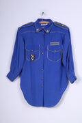Exclusive Paris Womens L Casual Shirt Cobalt Shoulder Pads Gold Detailed Vintage