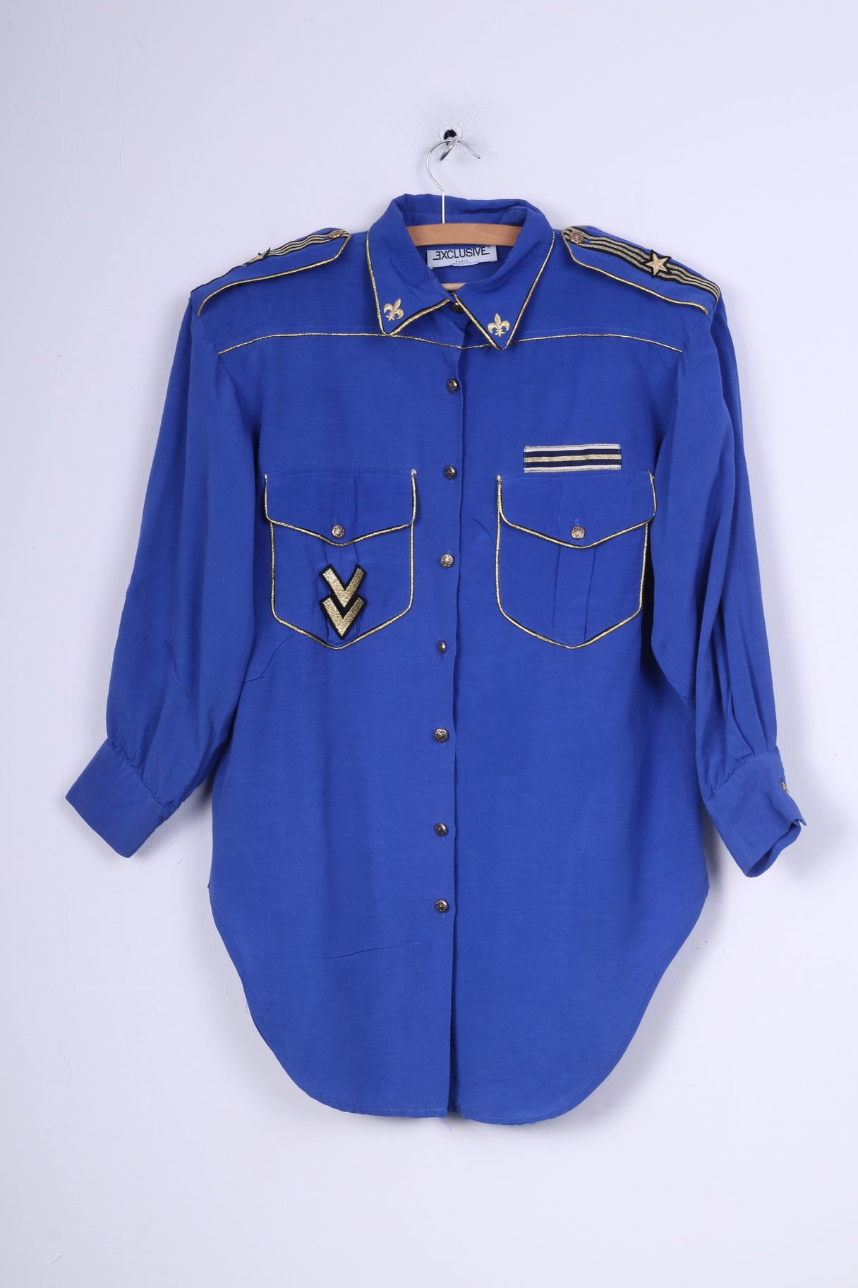 Exclusif Paris Chemise décontractée L pour femme avec épaulettes en cobalt doré vintage détaillé