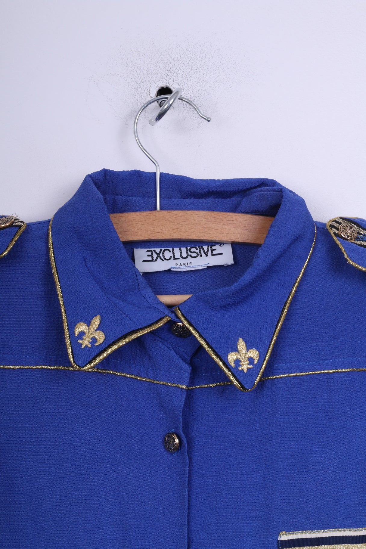 Exclusif Paris Chemise décontractée L pour femme avec épaulettes en cobalt doré vintage détaillé