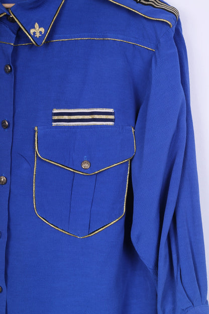 Exclusive Paris Womens L Casual Shirt Cobalt Shoulder Pads Gold Detailed Vintage