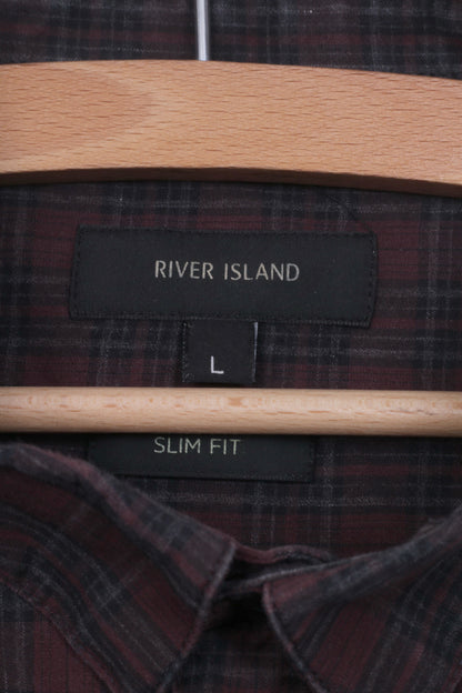 River Island Mens L Casual Shirt Button Down Collar Check Maroon Slim Fit