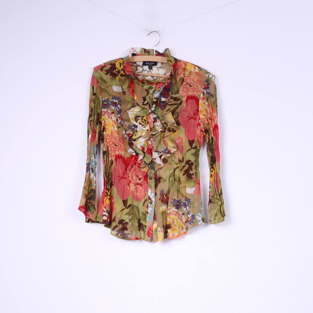 Kriss Suède M Blouse Vert Floral Transparent Volant Manches Longues Haut