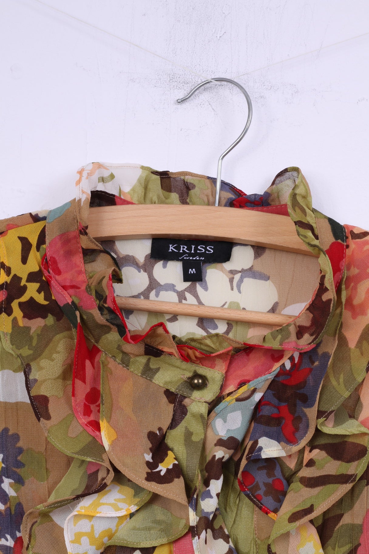 Kriss Sweden M Blouse Green Floral Transparent Ruffle Long Sleeve Top