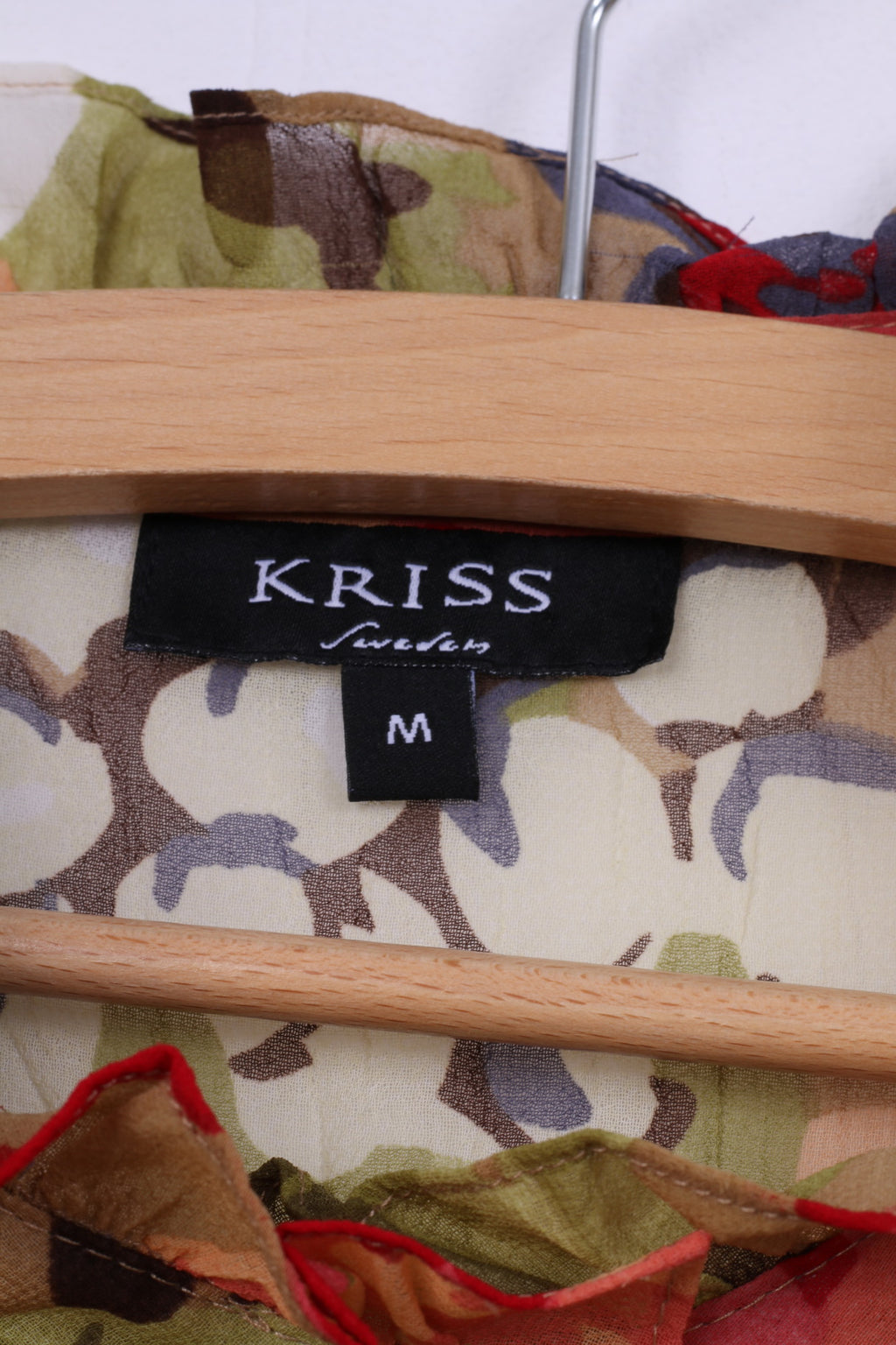 Kriss Suède M Blouse Vert Floral Transparent Volant Manches Longues Haut