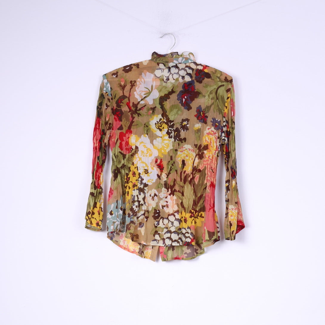 Kriss Suède M Blouse Vert Floral Transparent Volant Manches Longues Haut