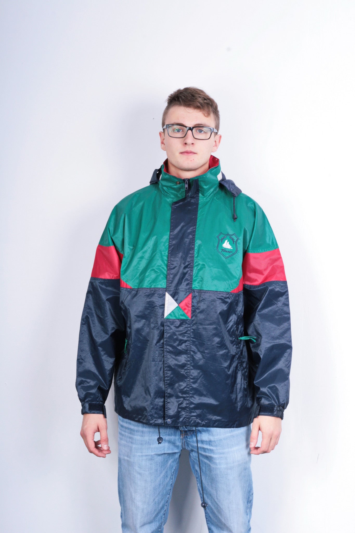 Titanic Mens L XL Vintage Jacket Parka Hood Shiny Navy Blue Green Festival - RetrospectClothes