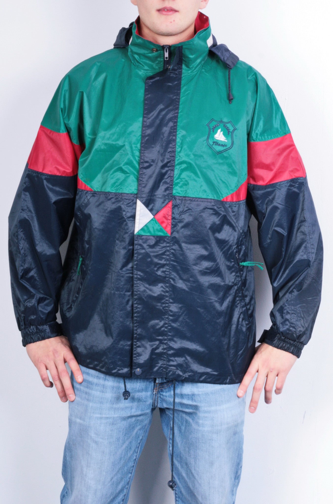 Titanic Mens L XL Vintage Jacket Parka Hood Shiny Navy Blue Green Festival - RetrospectClothes