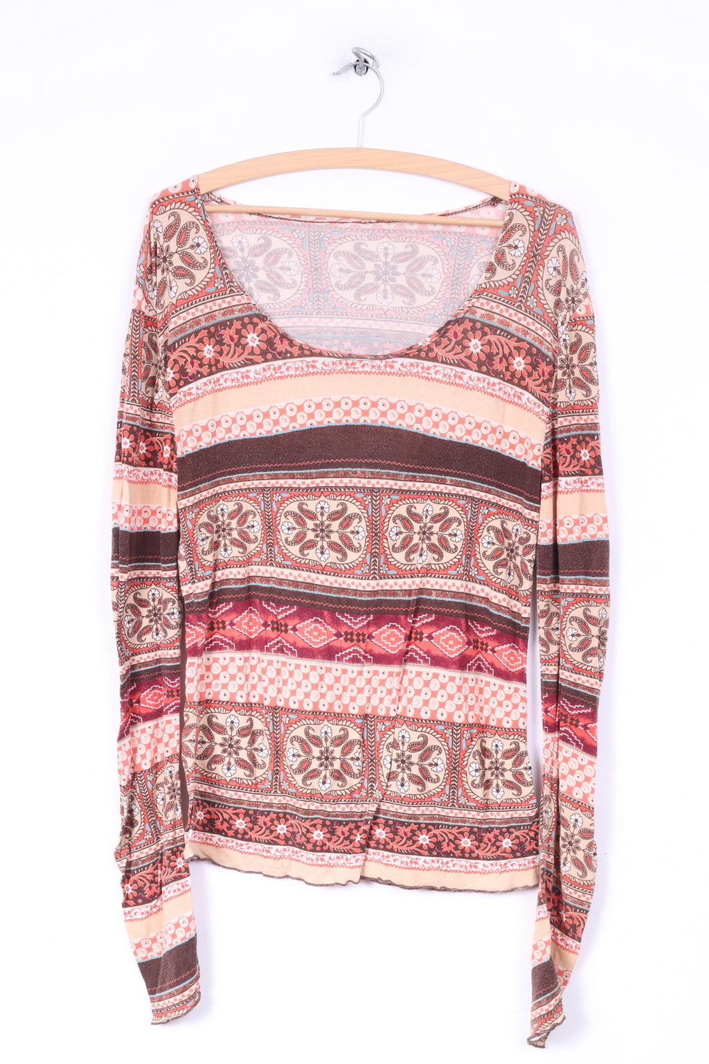 vintage Femmes L Chemise Marron Manches Longues Multiprint Crew Neck Hippie Boho Top 