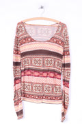 Vintage Womens L Shirt Brown Long Sleeve Multiprint Crew Neck Hippie Boho Top