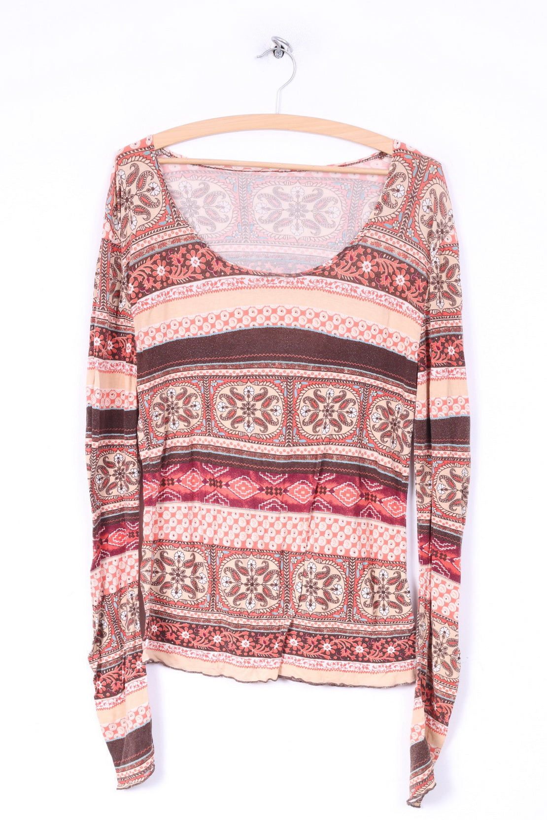 vintage Femmes L Chemise Marron Manches Longues Multiprint Crew Neck Hippie Boho Top 