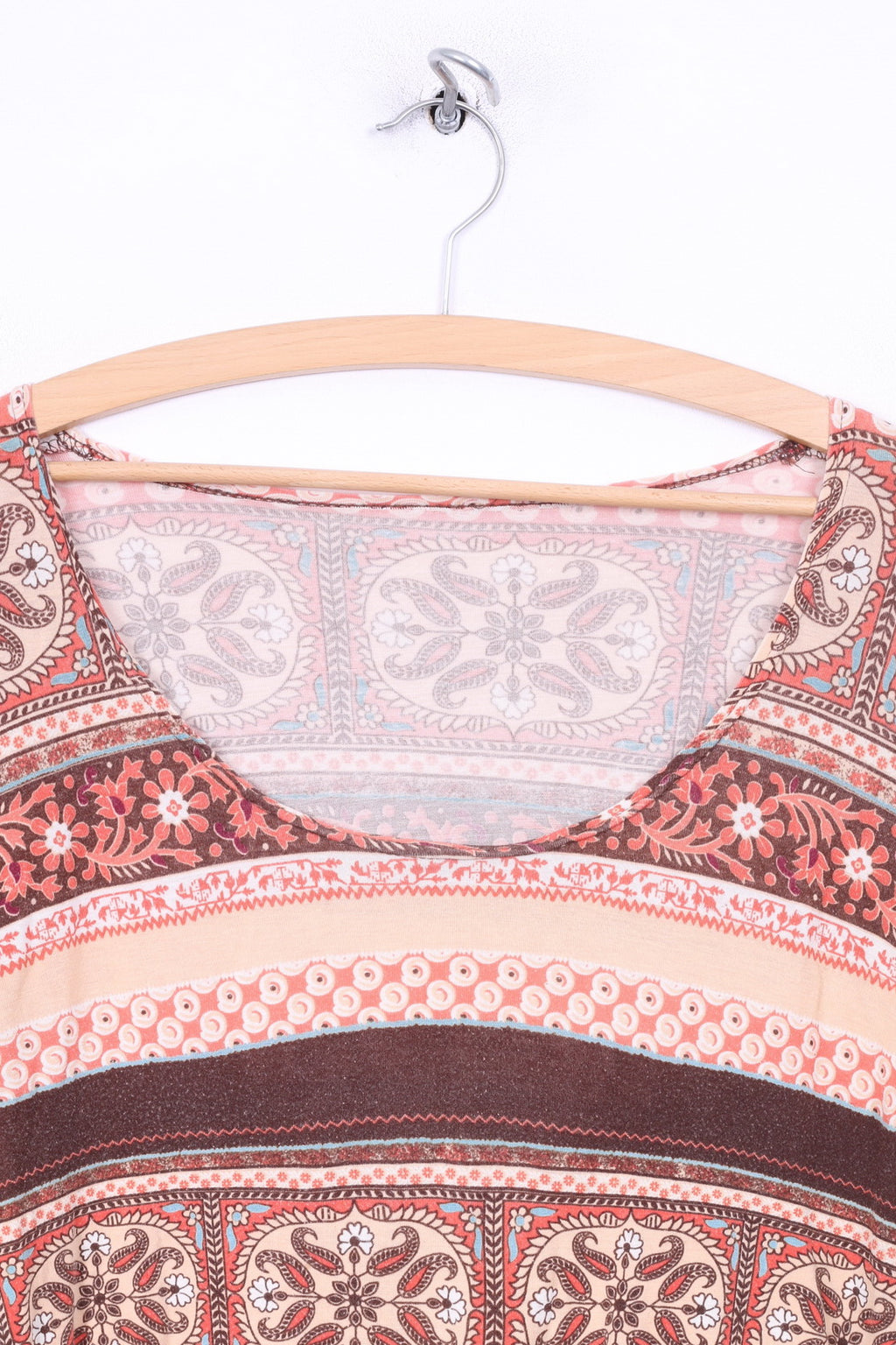 vintage Femmes L Chemise Marron Manches Longues Multiprint Crew Neck Hippie Boho Top 