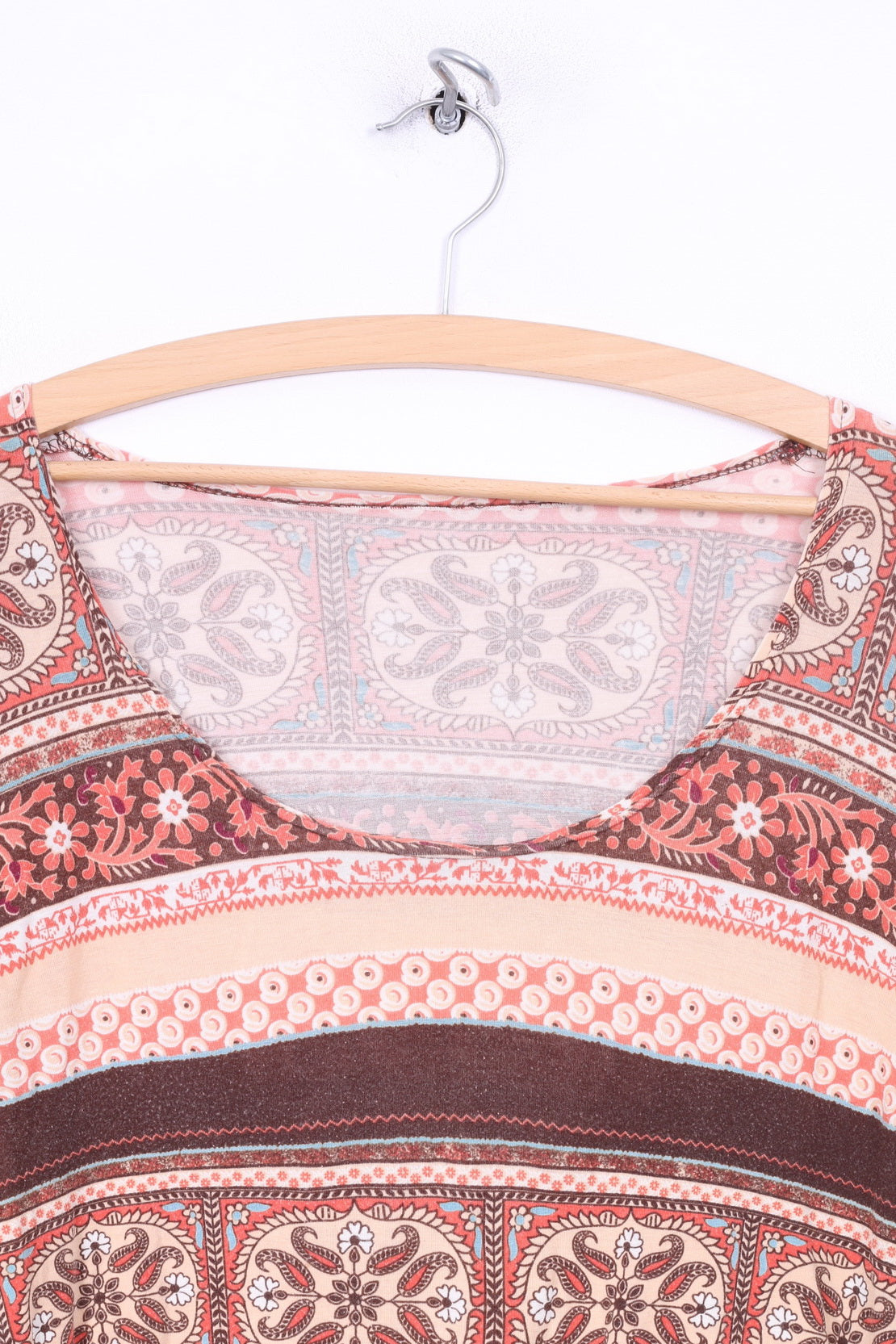 vintage Femmes L Chemise Marron Manches Longues Multiprint Crew Neck Hippie Boho Top 