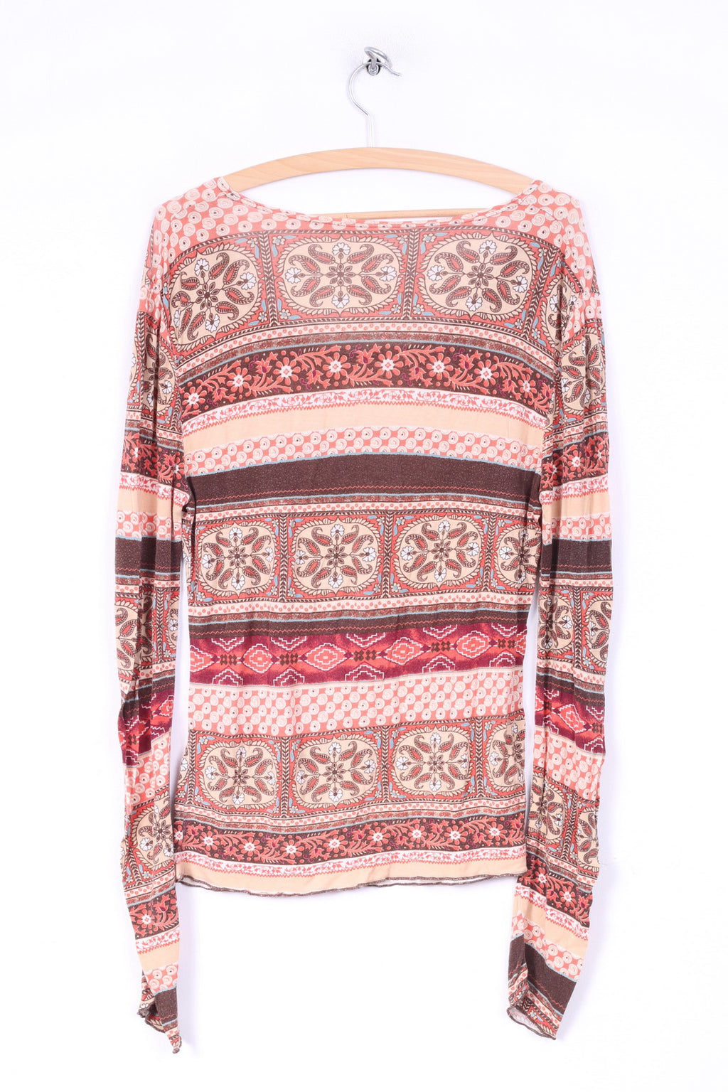 vintage Femmes L Chemise Marron Manches Longues Multiprint Crew Neck Hippie Boho Top 