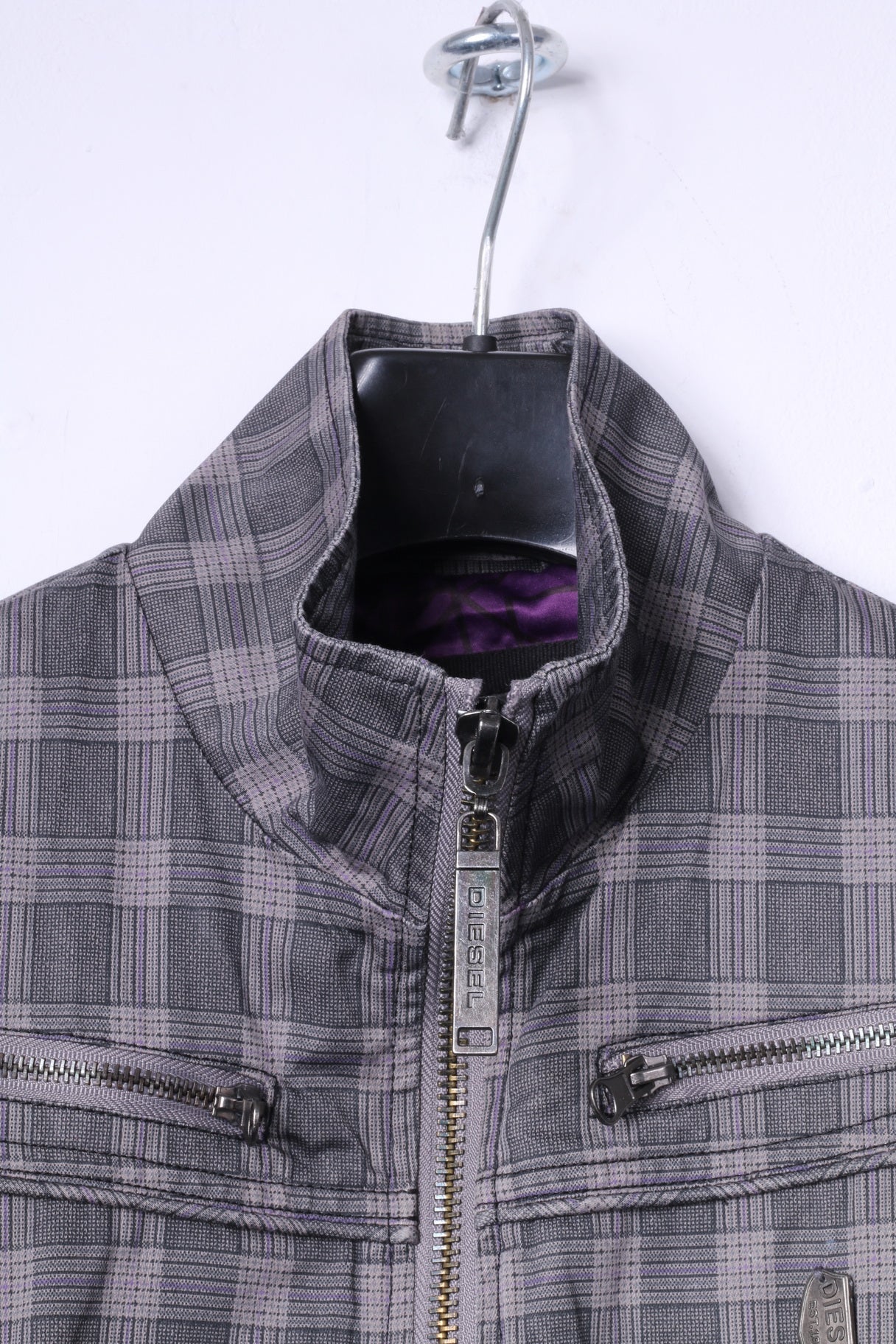 Diesel Womens M (S) Jacket Grey Check Cotton Multi Pockets Full Zippered Top