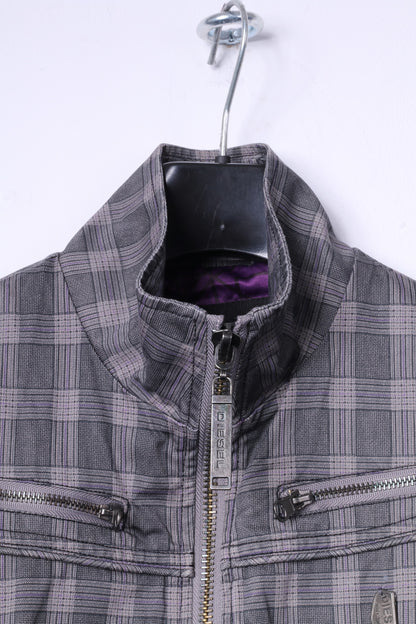 Diesel Womens M (S) Jacket Grey Check Cotton Multi Pockets Full Zippered Top