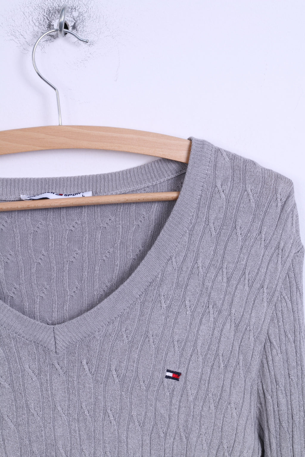 Hilfiger Sport Womens L (S) Jumper Grey Stretch V Neck Sweater Italy