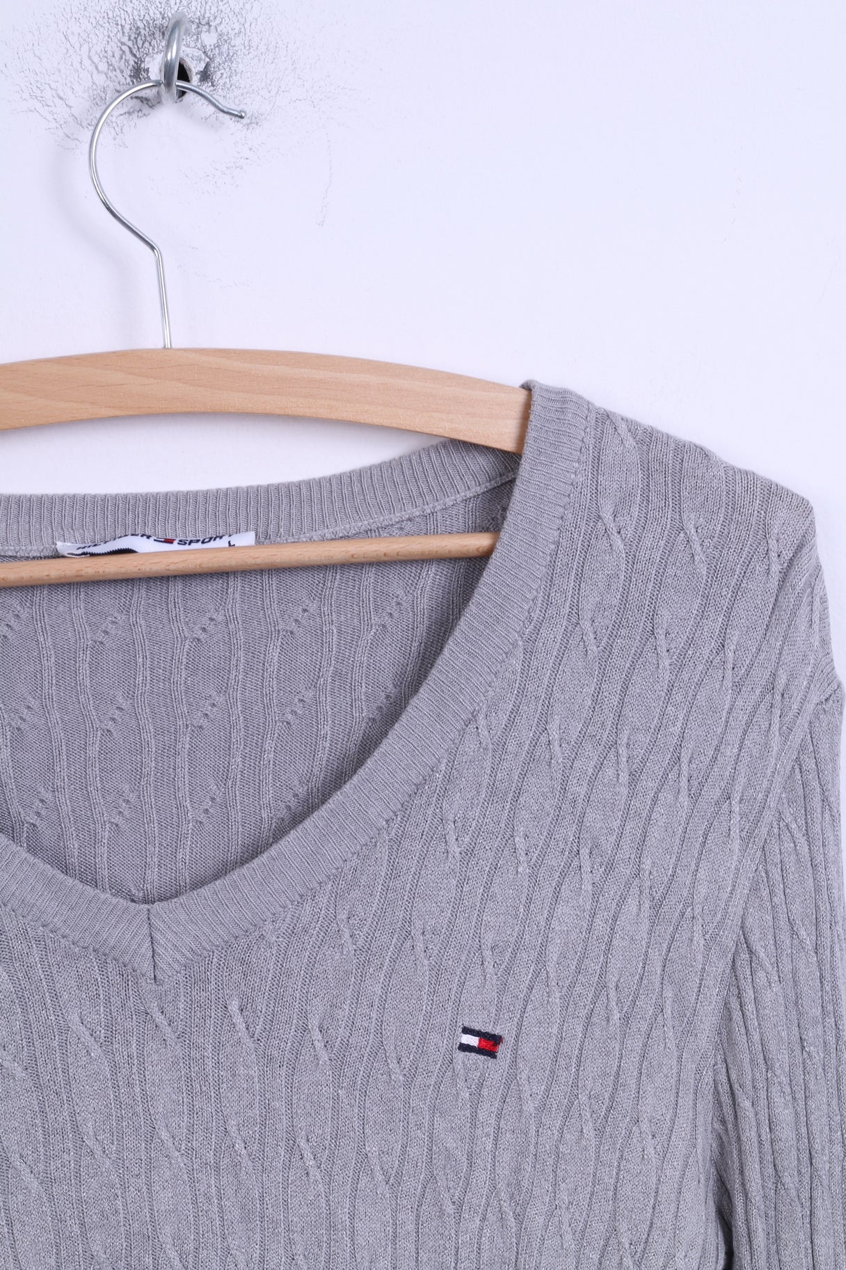 Hilfiger Sport Womens L (S) Jumper Grey Stretch V Neck Sweater Italy