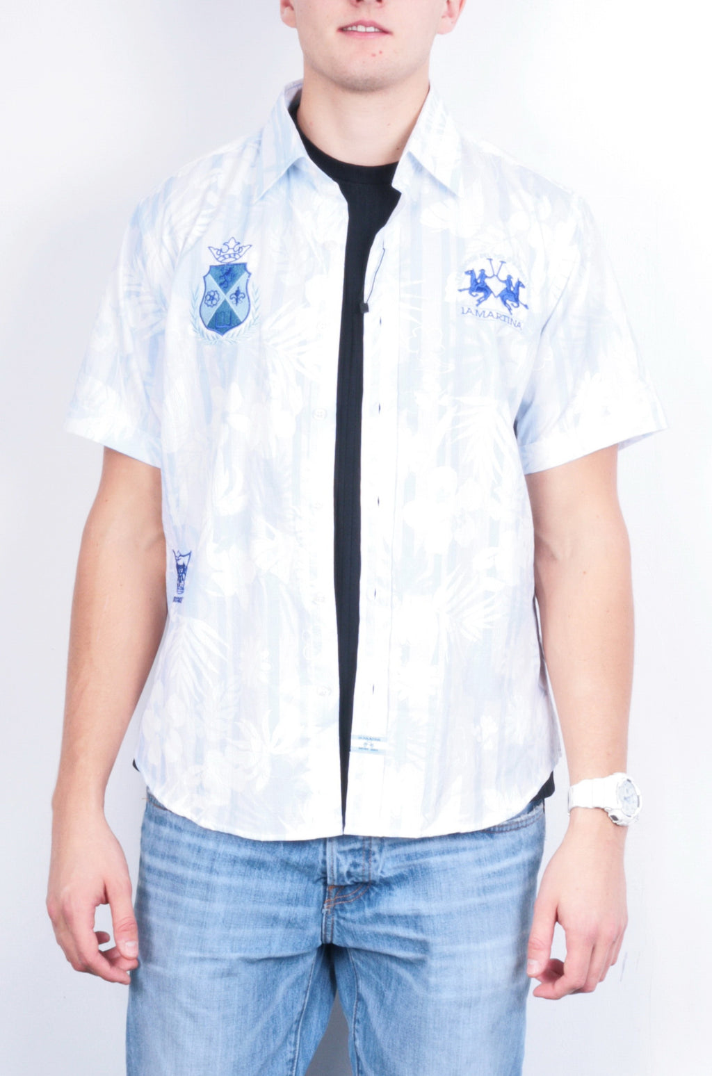 La Martina Mens L Casual Shirt White Cotton Short Sleeve Buenos Aires - RetrospectClothes