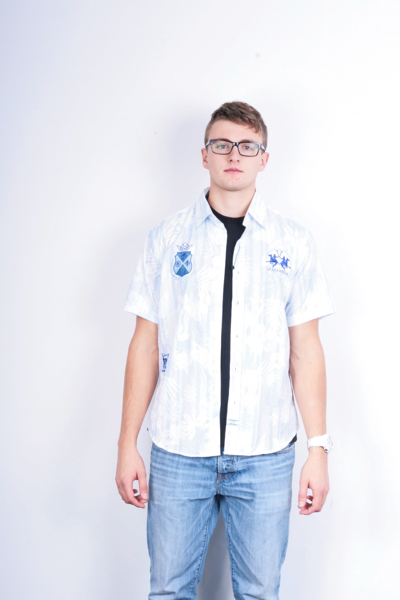 La Martina Mens L Casual Shirt White Cotton Short Sleeve Buenos Aires - RetrospectClothes