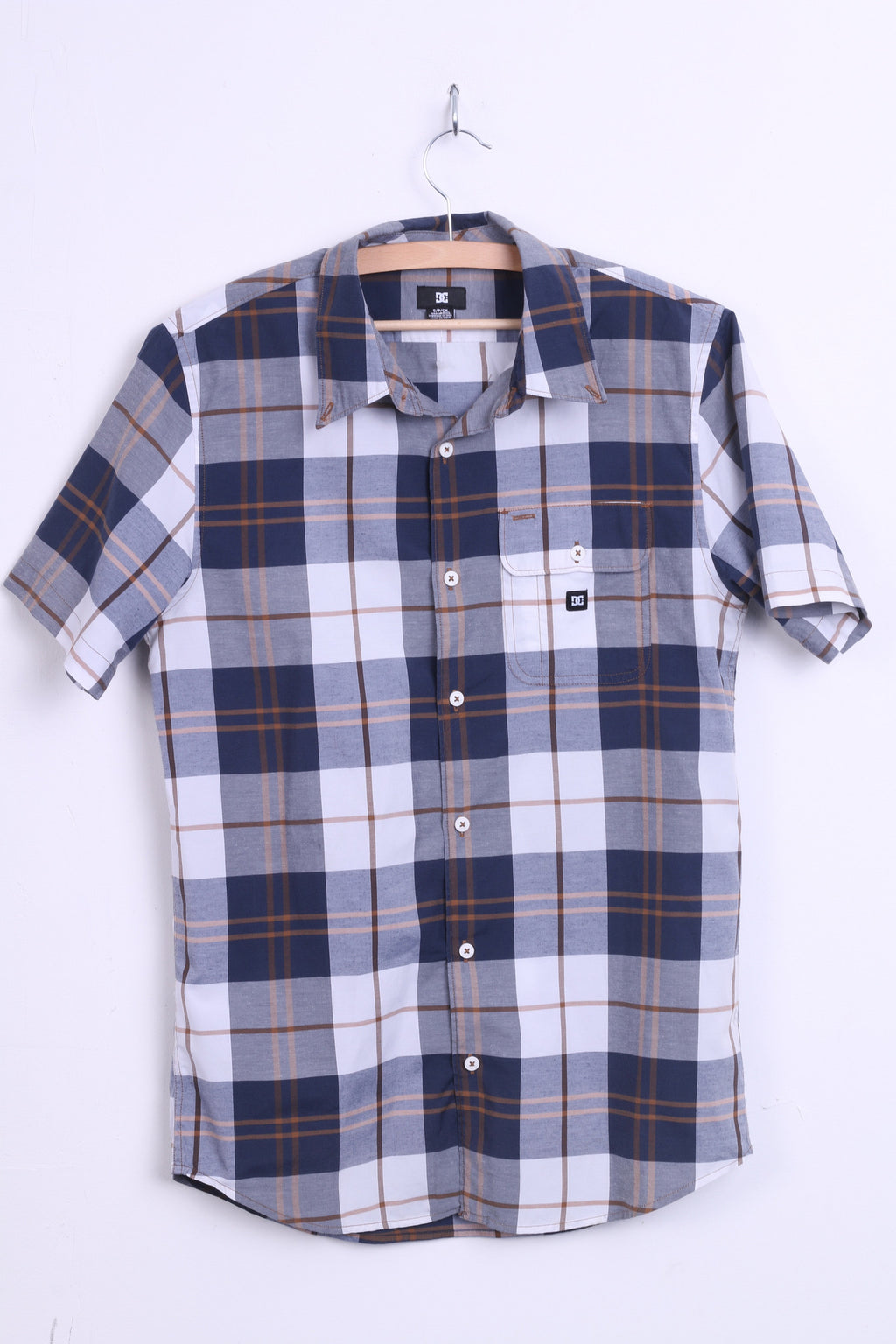 DC Mens S Casual Shirt Short Sleeve Check Navy Top - RetrospectClothes