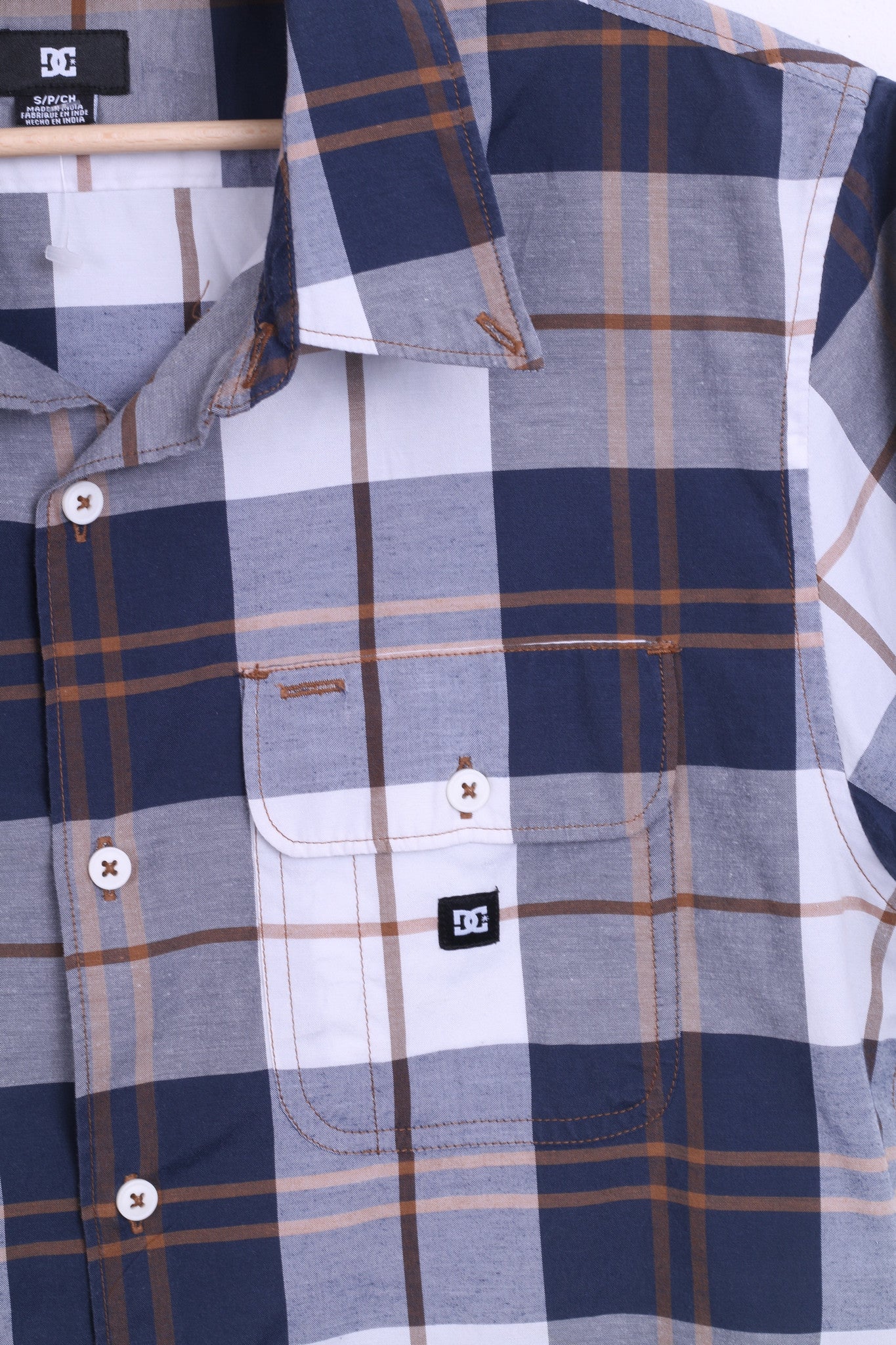 DC Mens S Casual Shirt Short Sleeve Check Navy Top - RetrospectClothes