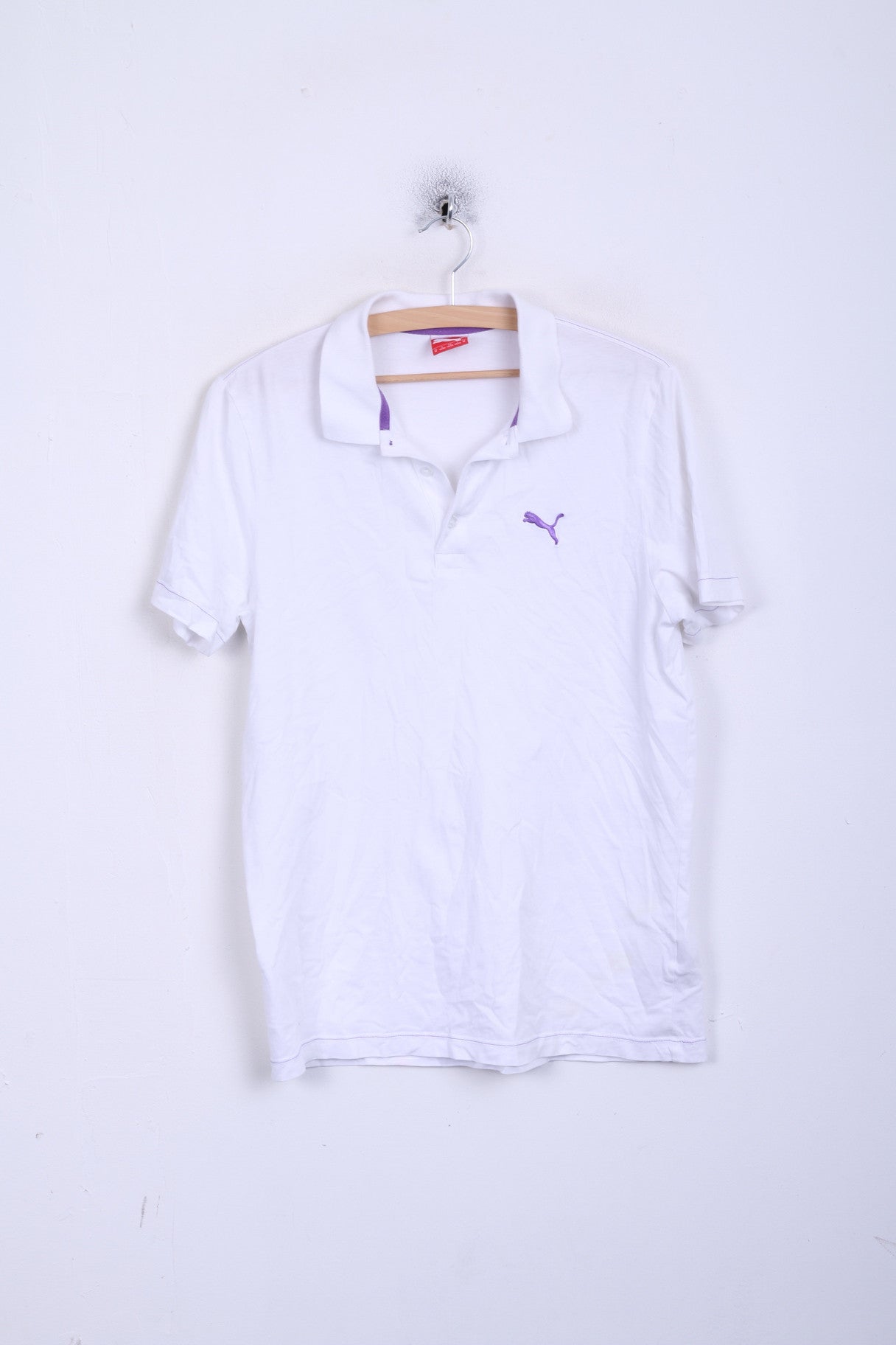 Polo Puma da uomo M bianca a maniche corte in cotone estivo con bottoni dettagliati