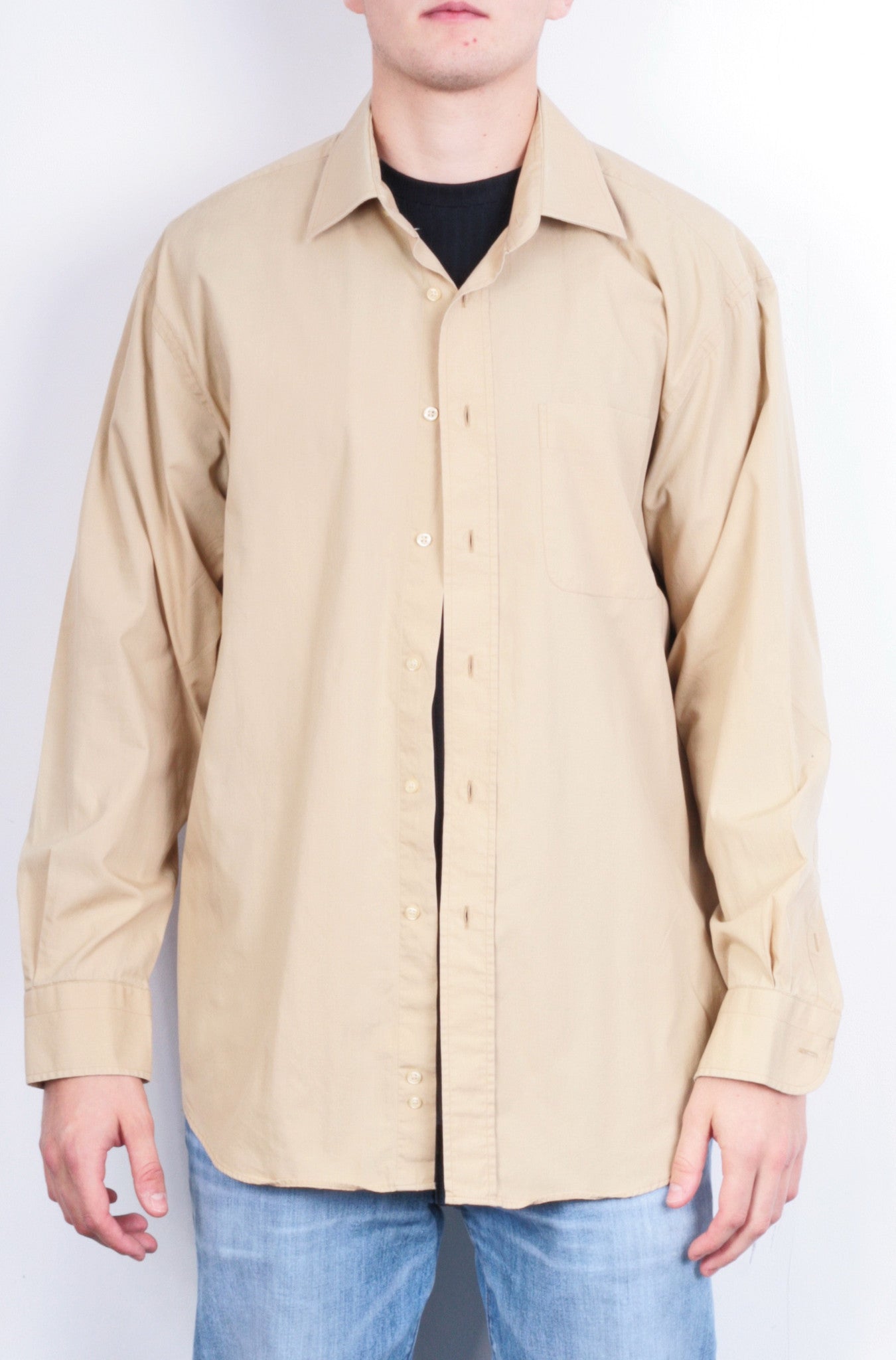 Feraud Paris Mens 44 17.5 Casual Shirt Beige Cotton - RetrospectClothes