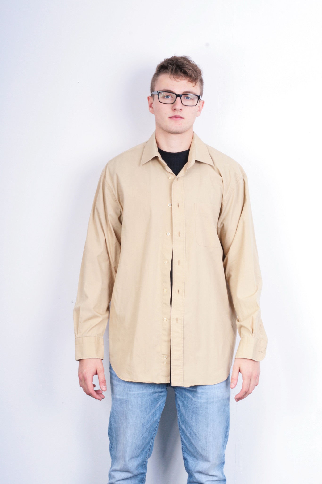 Feraud Paris Mens 44 17.5 Casual Shirt Beige Cotton - RetrospectClothes