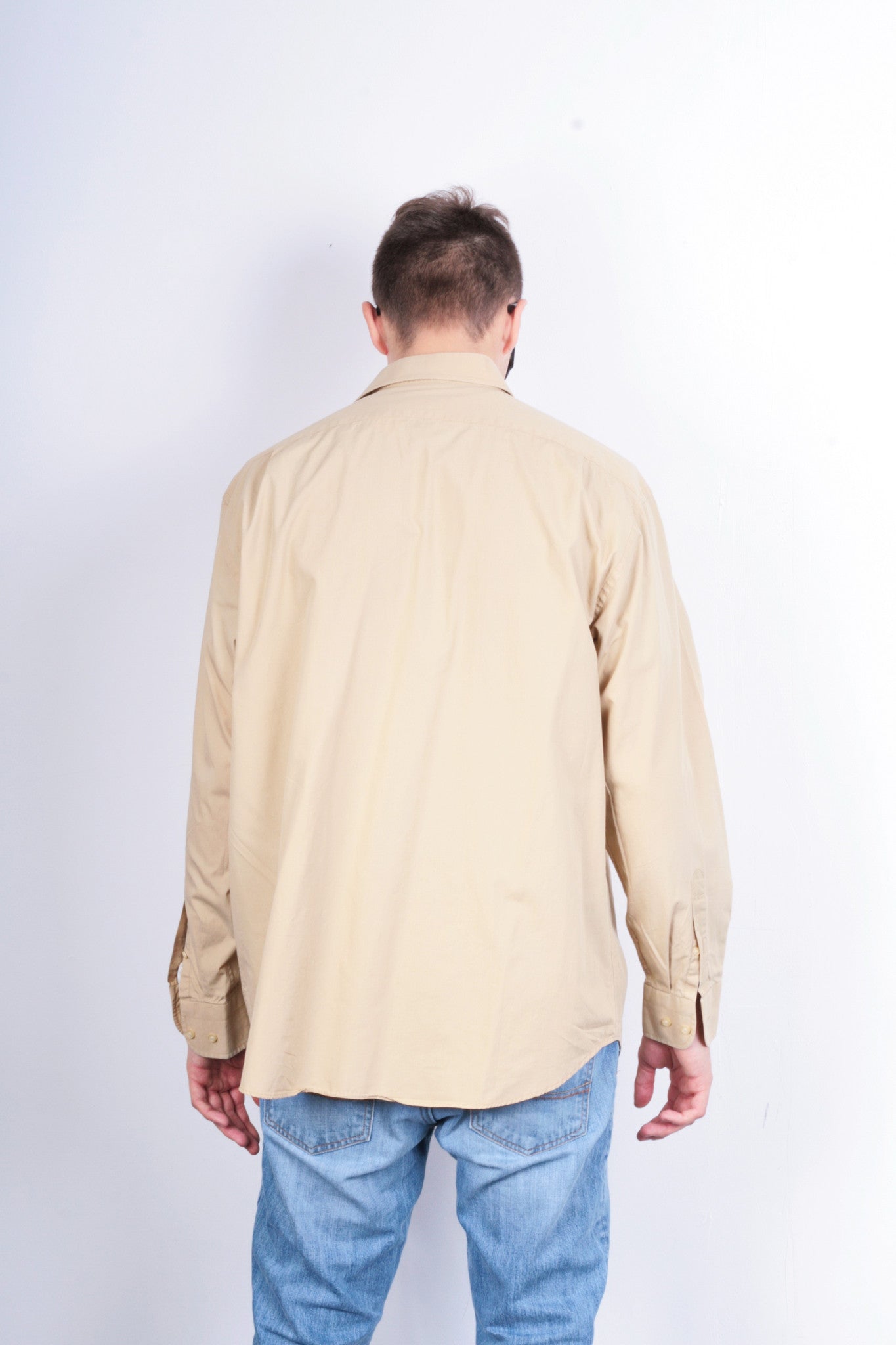 Feraud Paris Mens 44 17.5 Casual Shirt Beige Cotton - RetrospectClothes