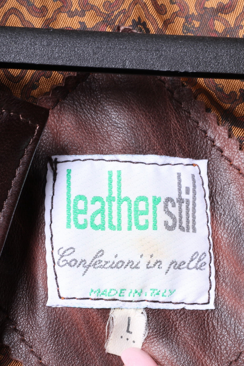 Cuir Stil Confezioni Femme L Veste Marron Cuir Vintage Épaulettes Italie