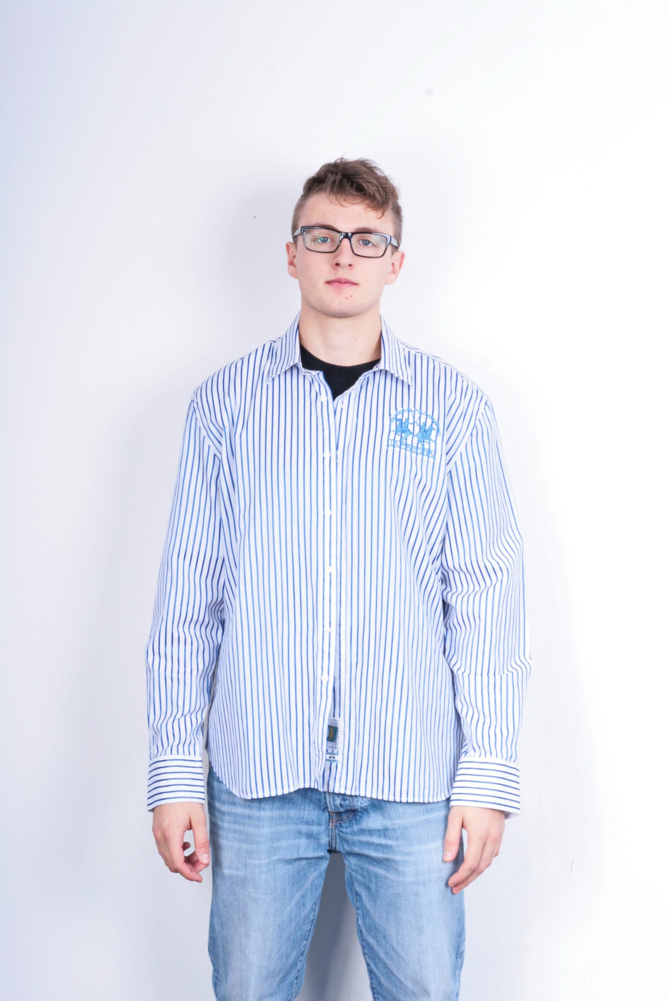 La Martina Mens XXL Casual Shirt Striped White Cotton Blue - RetrospectClothes