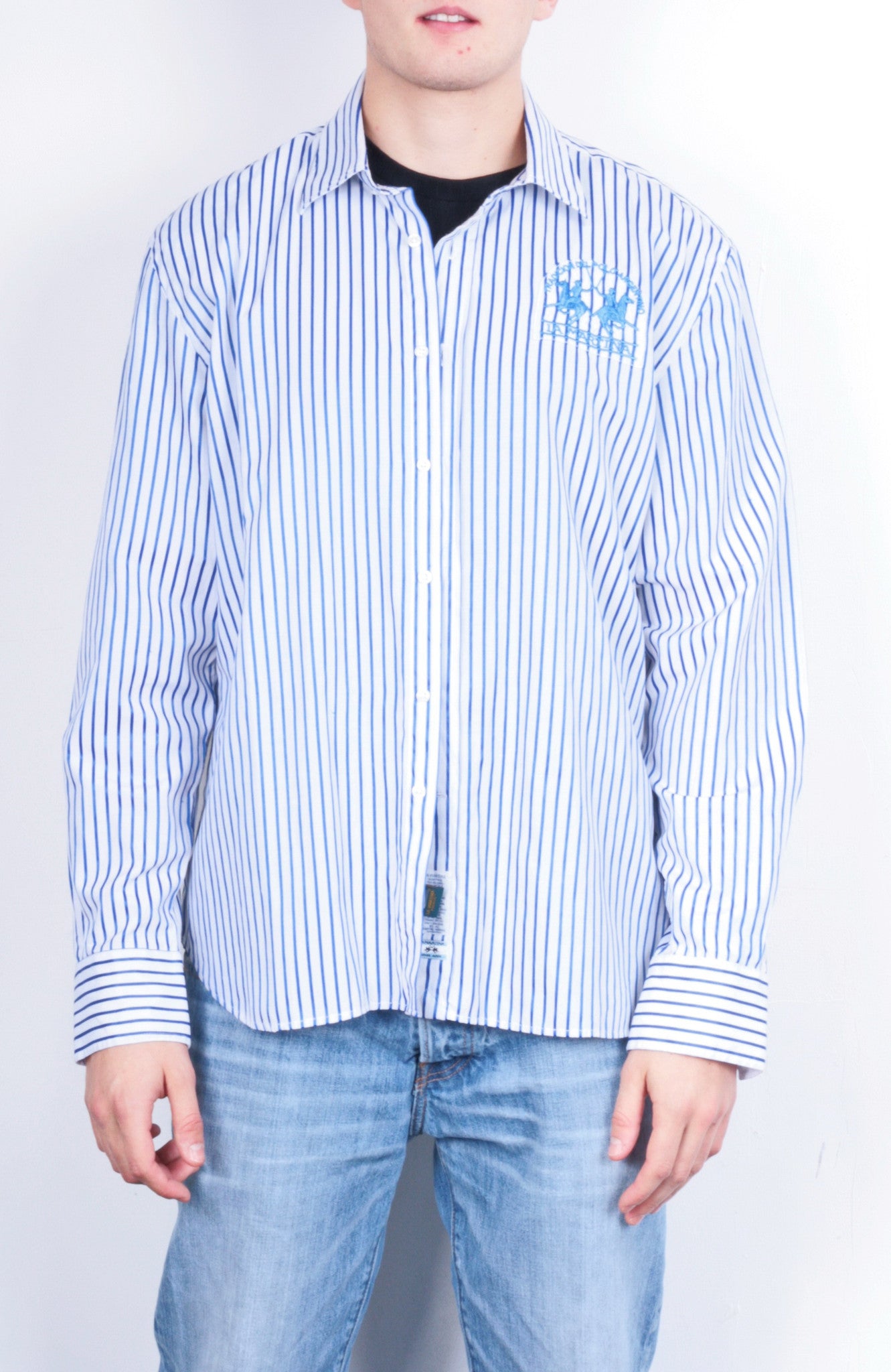 La Martina Mens XXL Casual Shirt Striped White Cotton Blue - RetrospectClothes