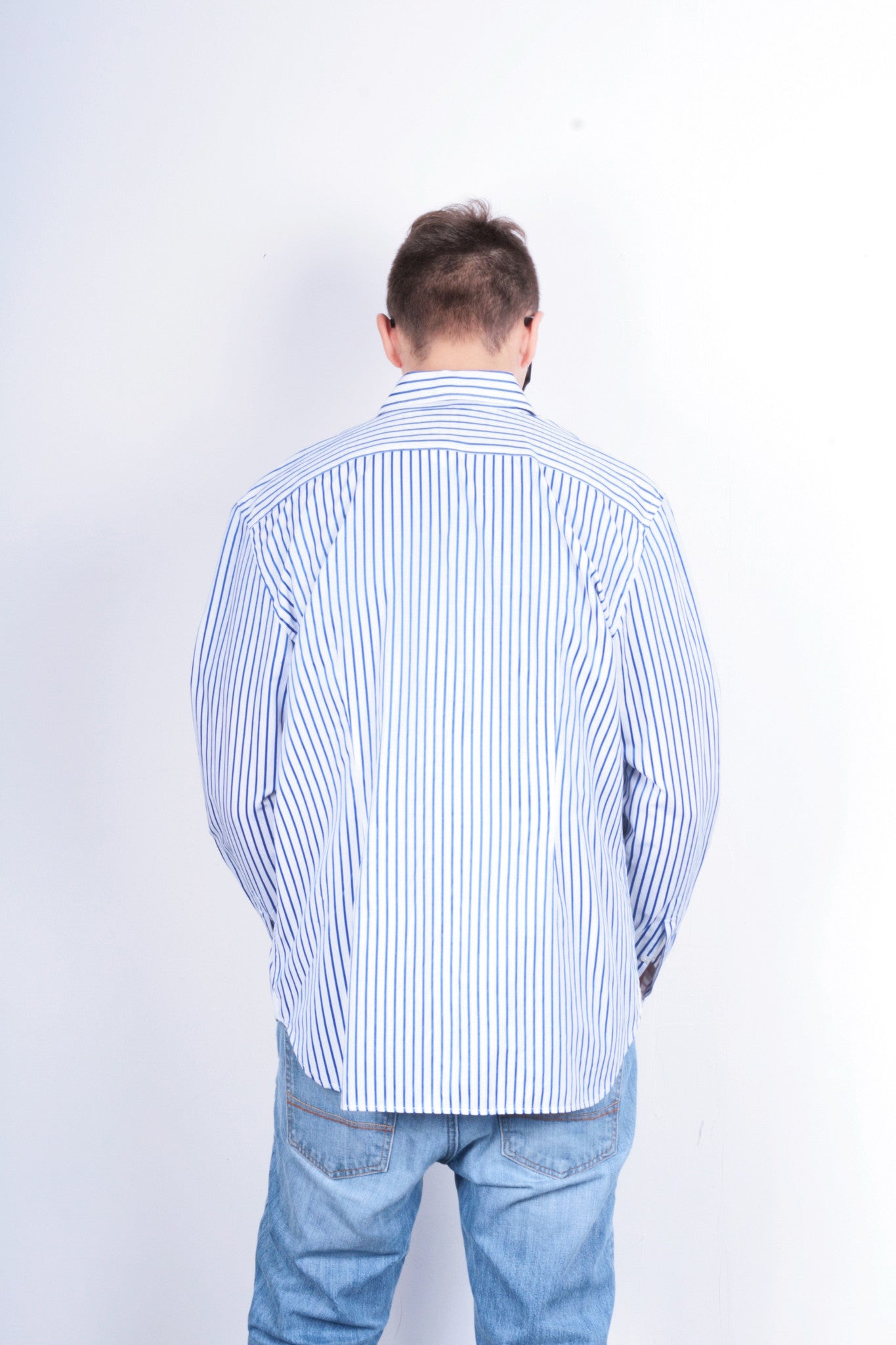 La Martina Mens XXL Casual Shirt Striped White Cotton Blue - RetrospectClothes